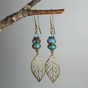 HAND CRAFTED Boho Blue Jasper Brass Leaf Dangle Drop Earrings